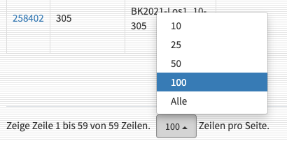 Anzahl der angezeigten Kartierobjekte in Liste auswählen