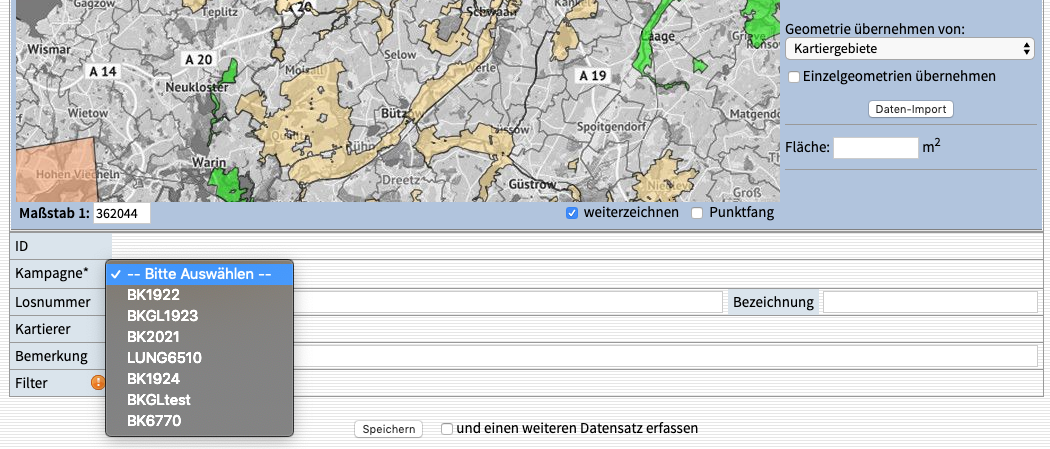 Kartierkampagne auswählen beim Anlegen eines neuen Kartiergebietes